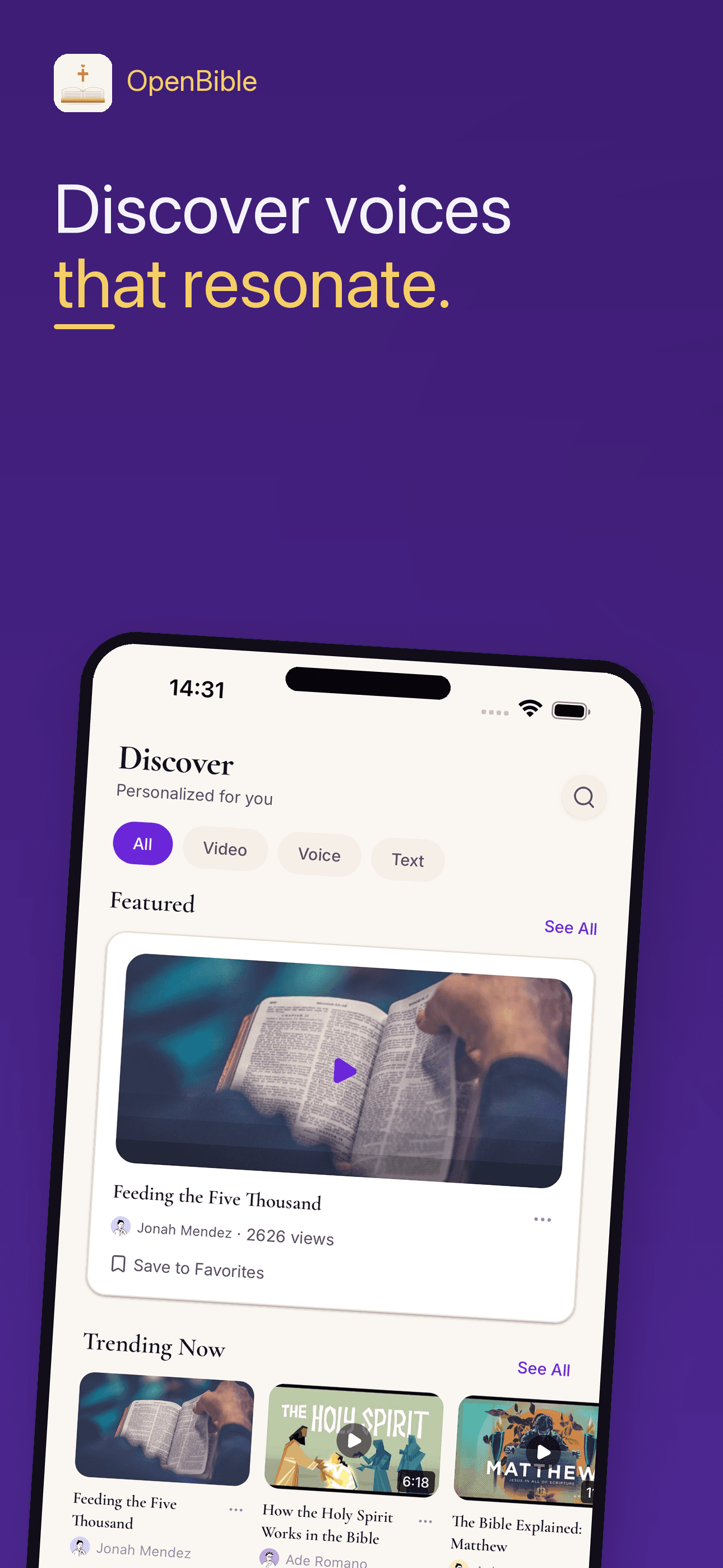 OpenBible Discover screen with shared faith reflections